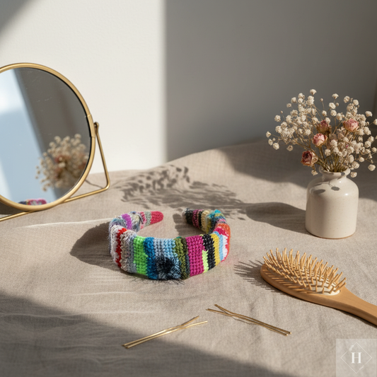 Stylet håndlavet hæklet hårbøjle i neon farver