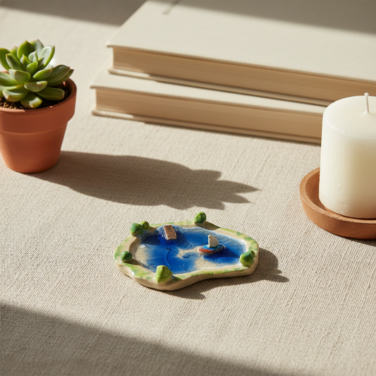 Stylet håndlavet keramik sø og båd med glas