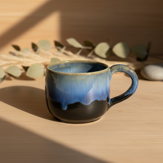 Stylet håndlavet keramikkrus med hank i sort og blå