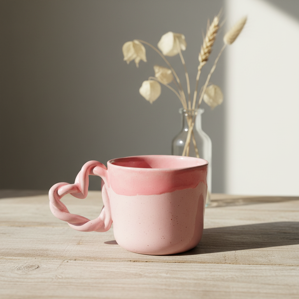 Stylet håndlavet keramikkrus med hjertehank i lyserød