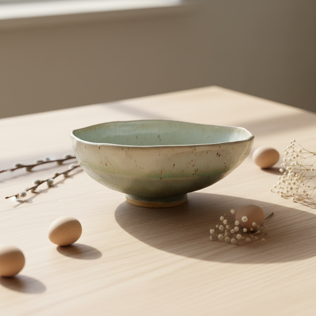 Stylet håndlavet keramikskål formet som påskeæg i grågrøn