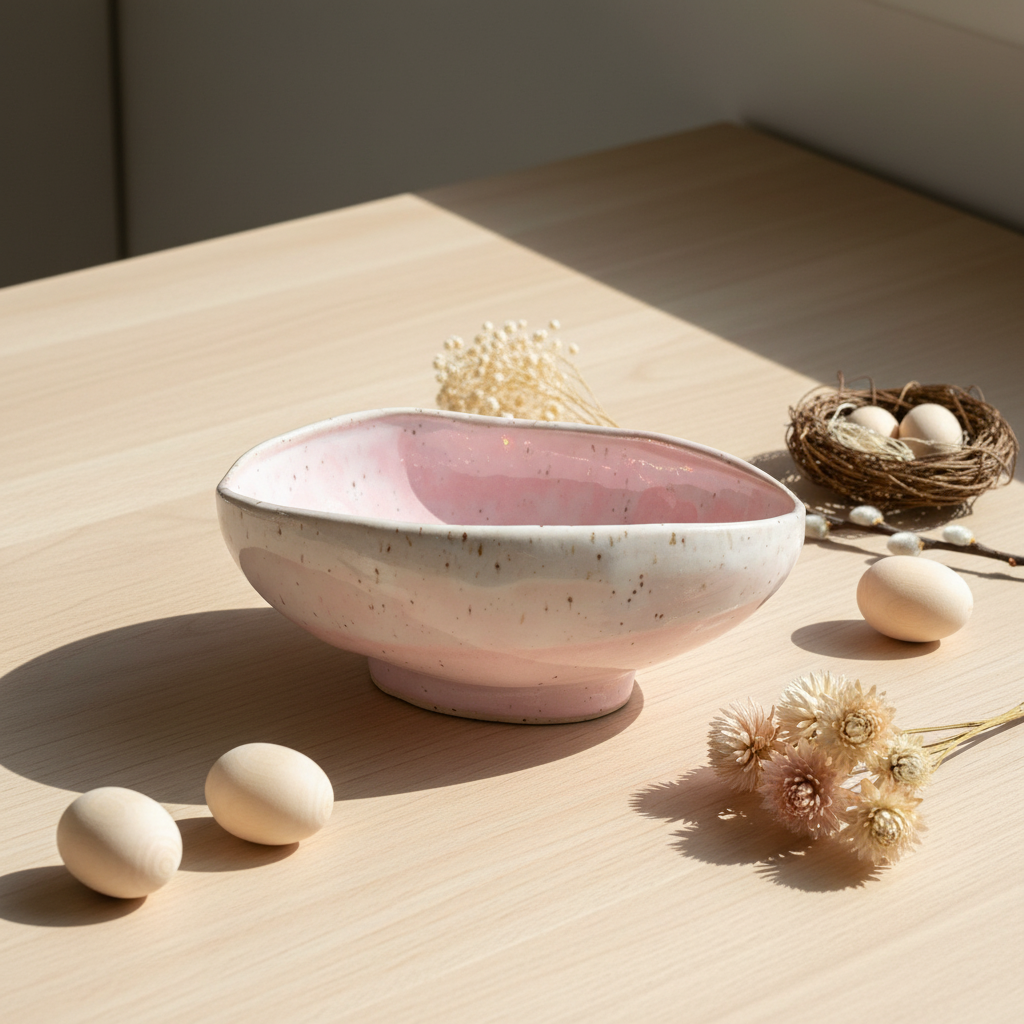 Stylet håndlavet keramikskål formet som påskeæg i lyserød