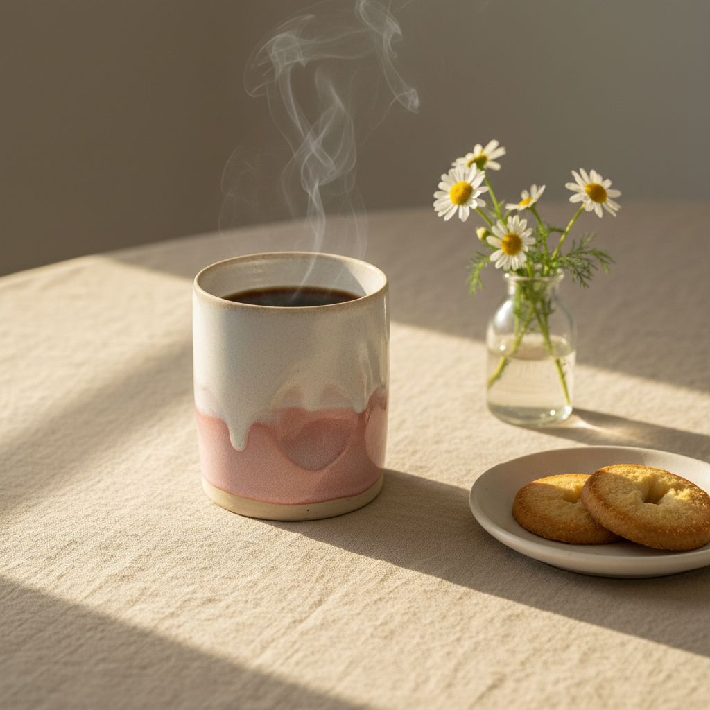 Stylet håndlavet klemmekrus i hvid/rosa med organiske mønstre