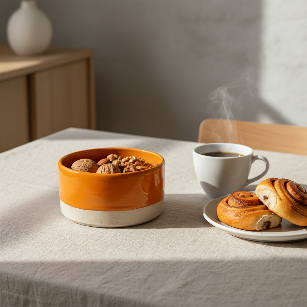 Stylet håndlavet skål med lige sider i brændt orange