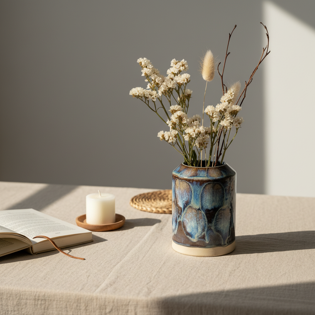 Stylet håndlavet stor vase i keramik med organisk glasur