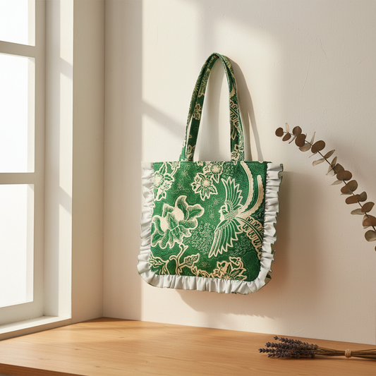 Stylet håndlavet totebag med flæser i grøn