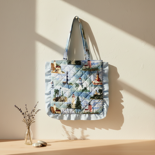 Stylet håndlavet totebag med flæser og fyrtårnsmotiv