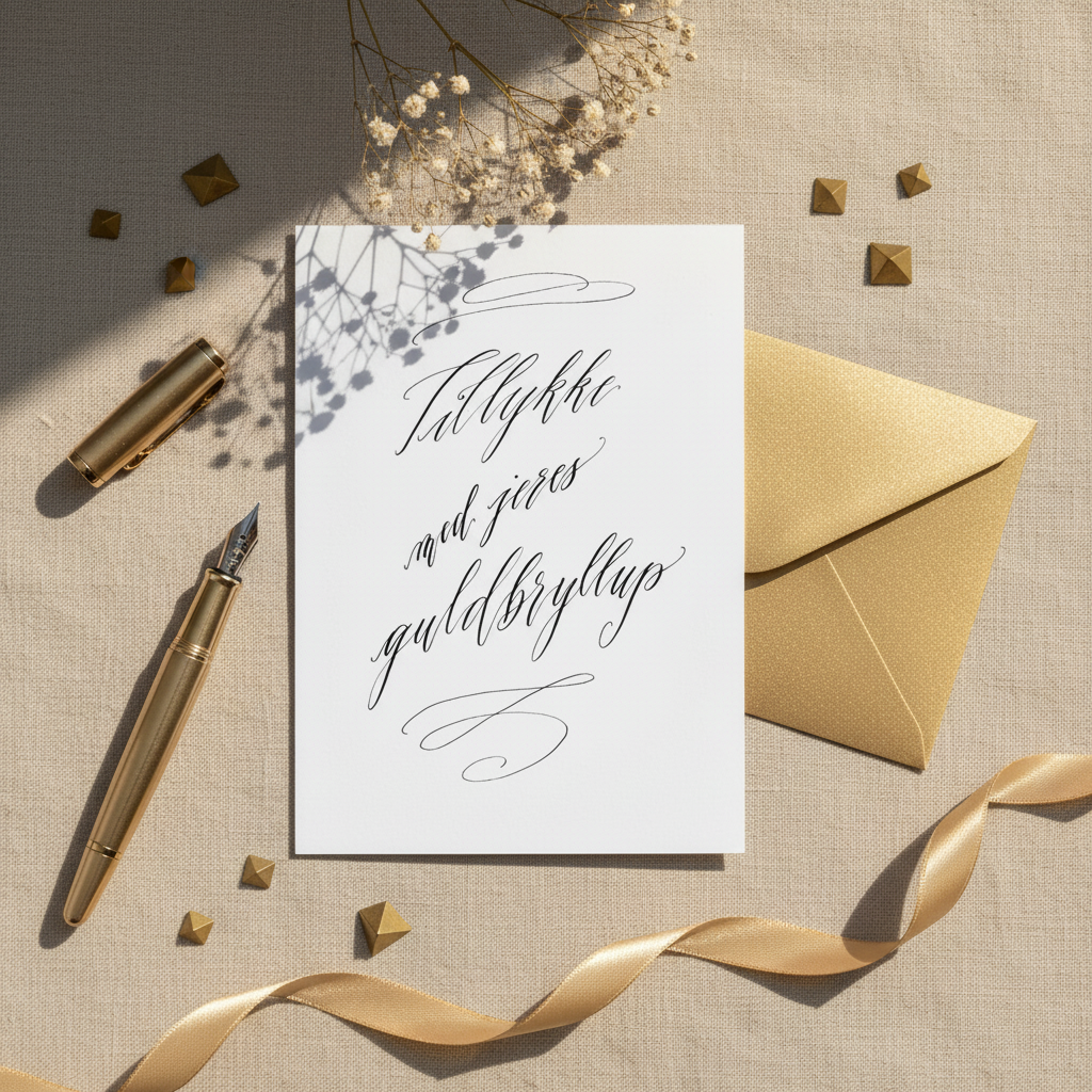 Stylet håndskrevet kalligraferet kort til guldbryllup