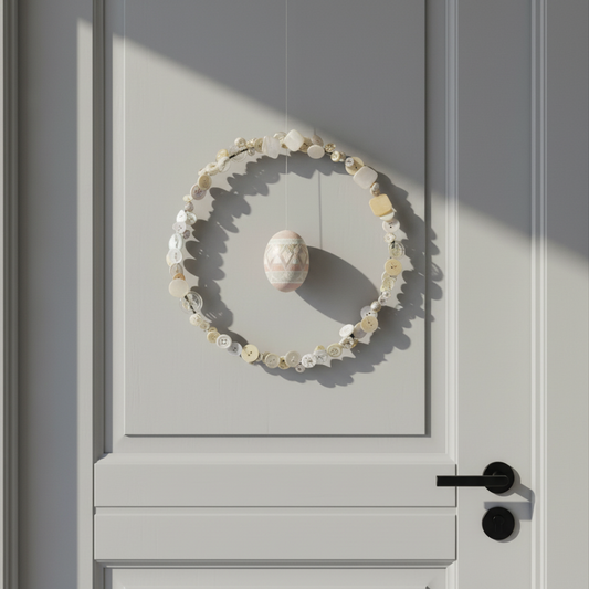 Stylet hvid dørkrans på dør - med produktbillede