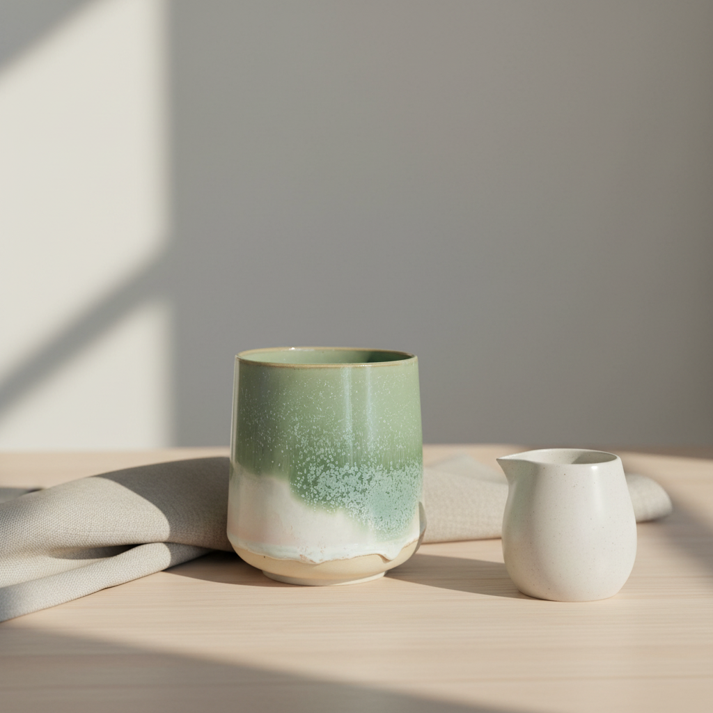 Stylet krus uden hank i støvet grøn med nordisk minimalistisk scene
