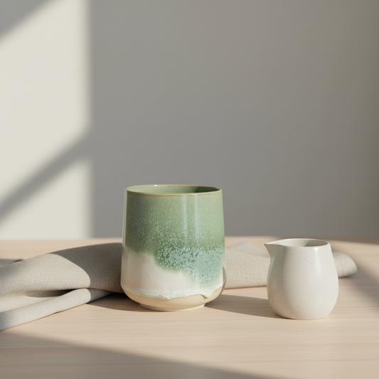 Stylet krus uden hank i støvet grøn med nordisk minimalistisk scene