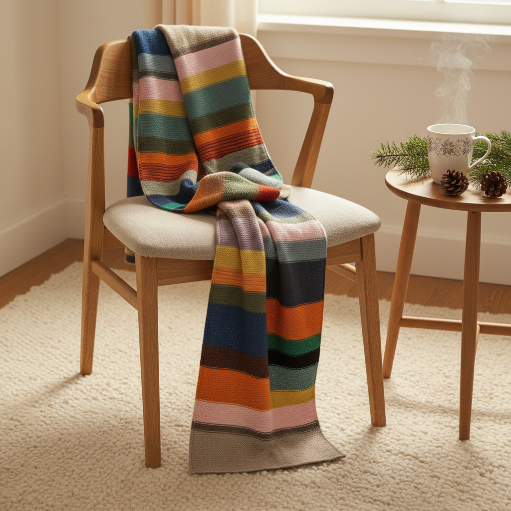 Stylet langt multifarvet håndstrikket tørklæde