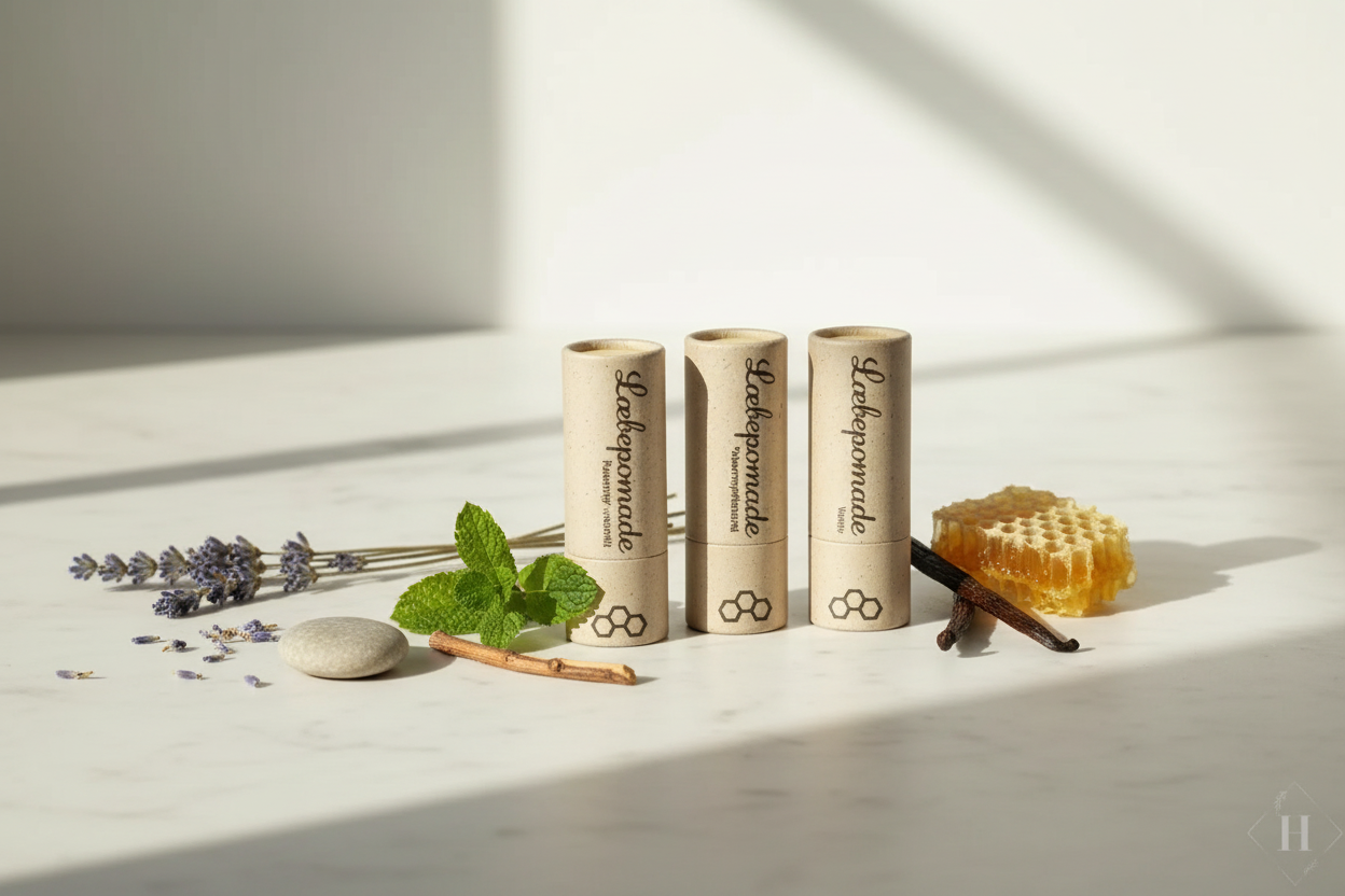 Stylet produktfoto af håndlavede læbepomader