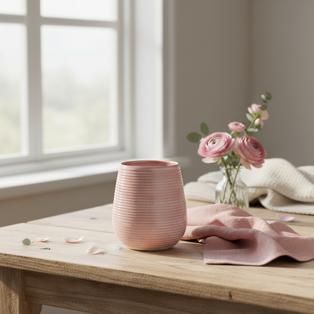 Stylet tumbler krus i varm rosa med nordisk hygge-scene