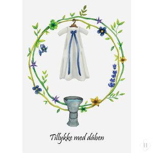 Dåbskort - krans med dåbskjole blå Mette Mains