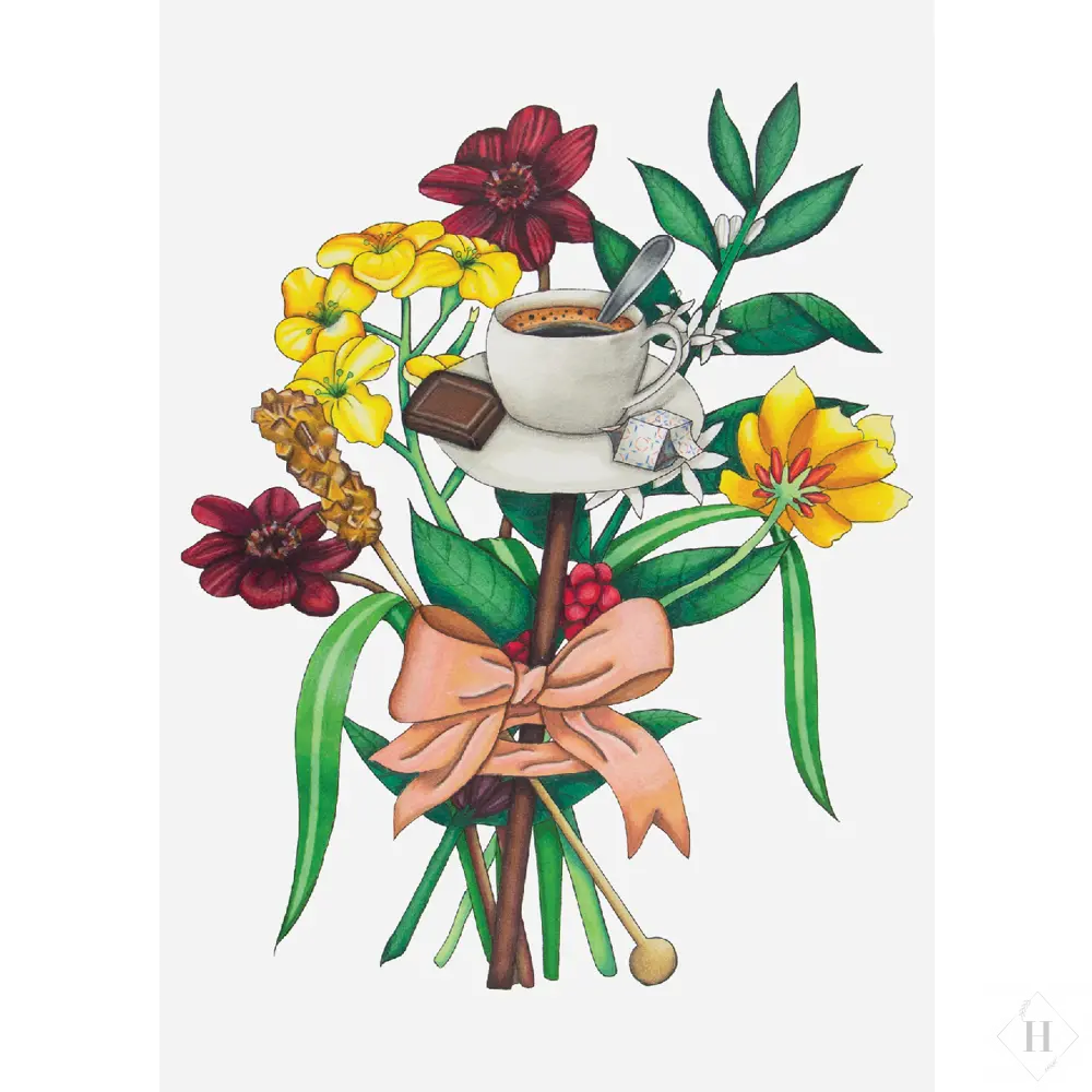 Håndtegnet blomster buket - buket med kaffe og blomster Mette Mains