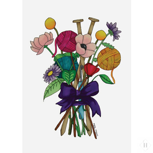 Håndtegnet buket - blomster og garn Mette Mains