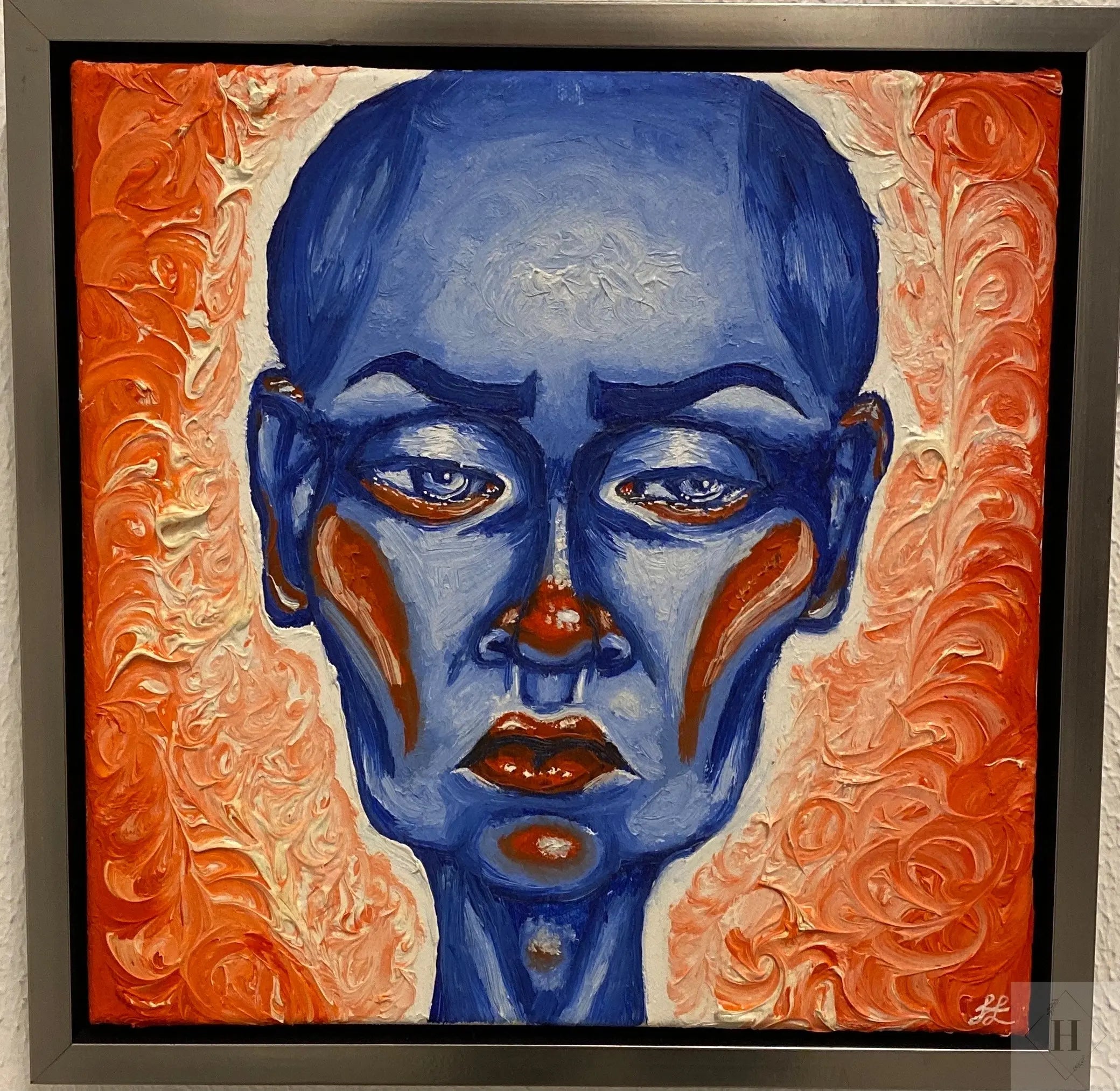 Originalt maleri blå person på rød baggrund Frederik Ludvig