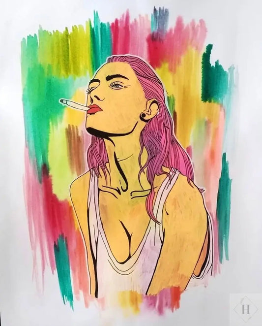 “Smoking lady” vandfarve og posca A3 Fie Samson