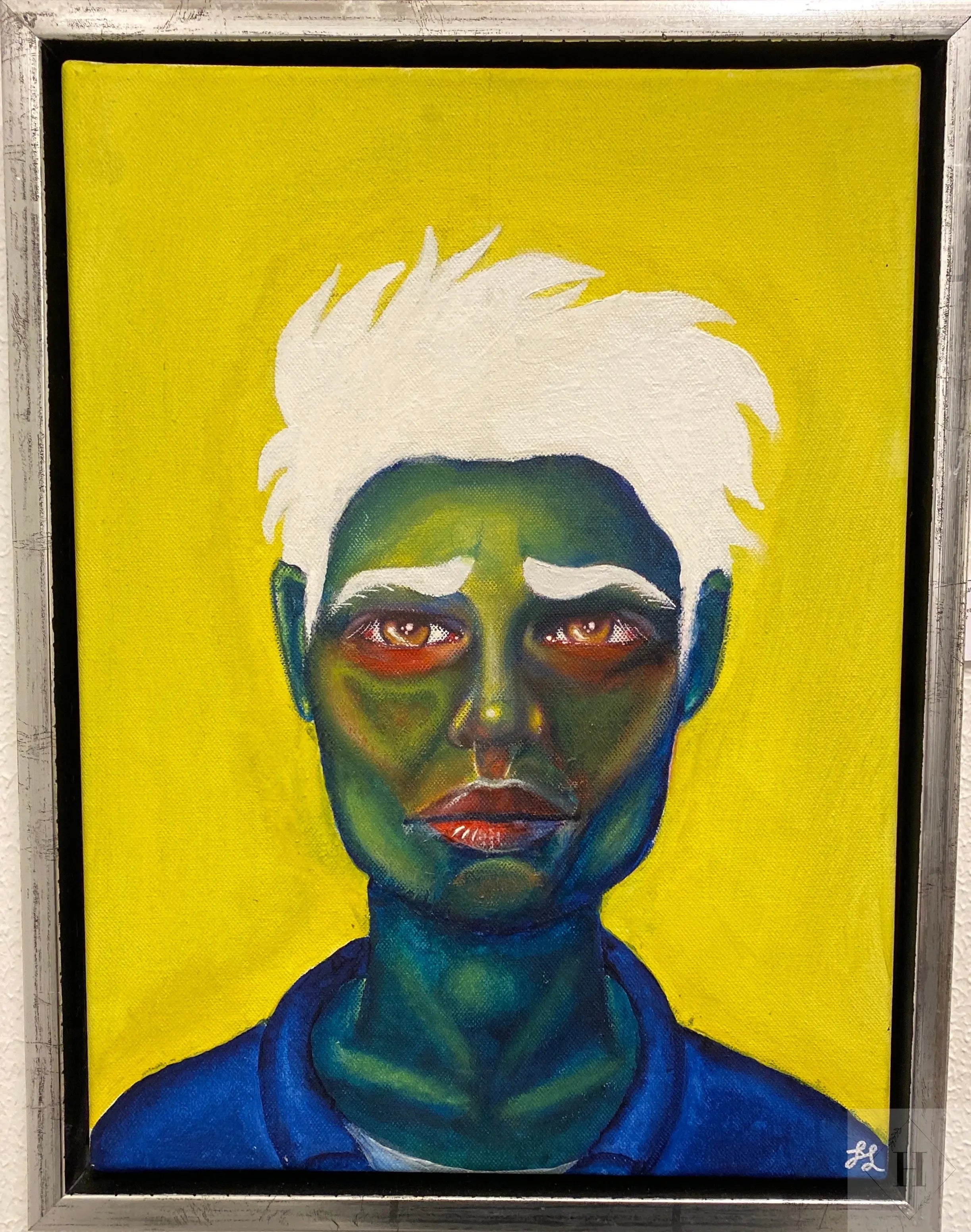Originalt maleri grøn person på gul baggrund Frederik Ludvig