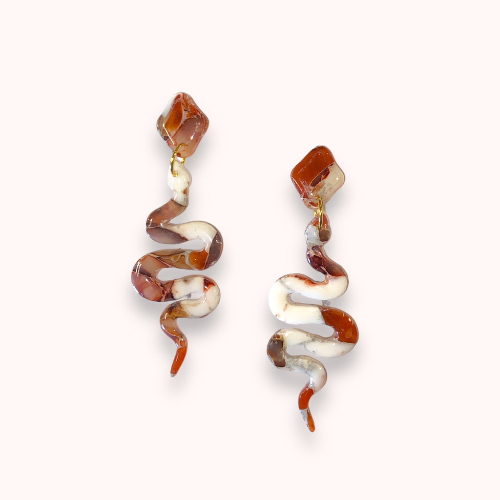 Red White faux Stone - Snakes dangles Handmade Hygge